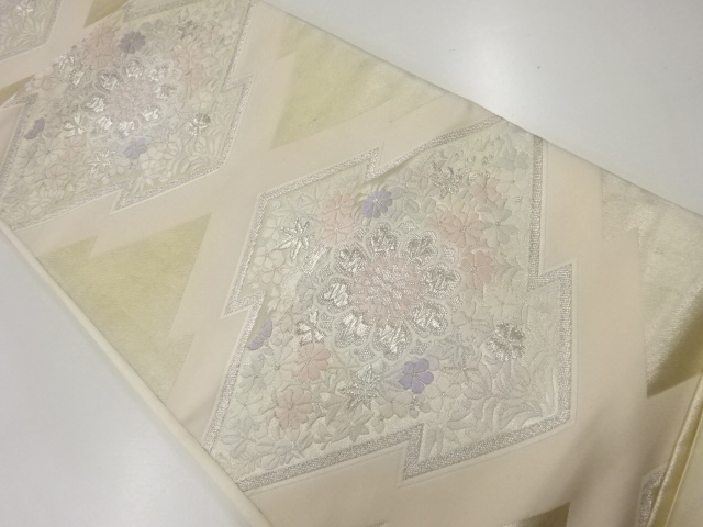 JAPANESE KIMONO / ANTIQUE FUKURO OBI / SILK / WOVEN MATSUKAWABISHI & FLORAL CREST